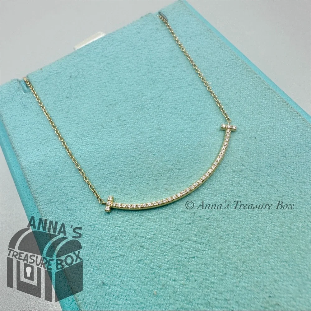 Tiffany & Co. 18K Yellow Gold SMALL T Smile Pendant w/Diamonds 16.5" Necklace - Picture 3 of 9